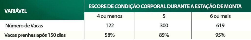 Efeito da condição corporal durante a estação reprodutiva na taxa de prenhez de bovinos