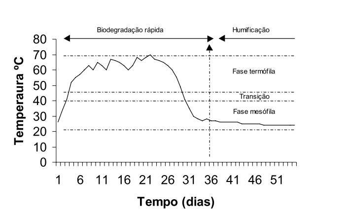 Gráfico mostrando a evolução da temperatura em uma leira de compostagem