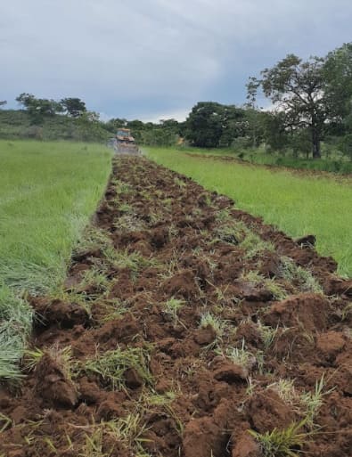 Solo sendo revolvido por uma escavadeira.