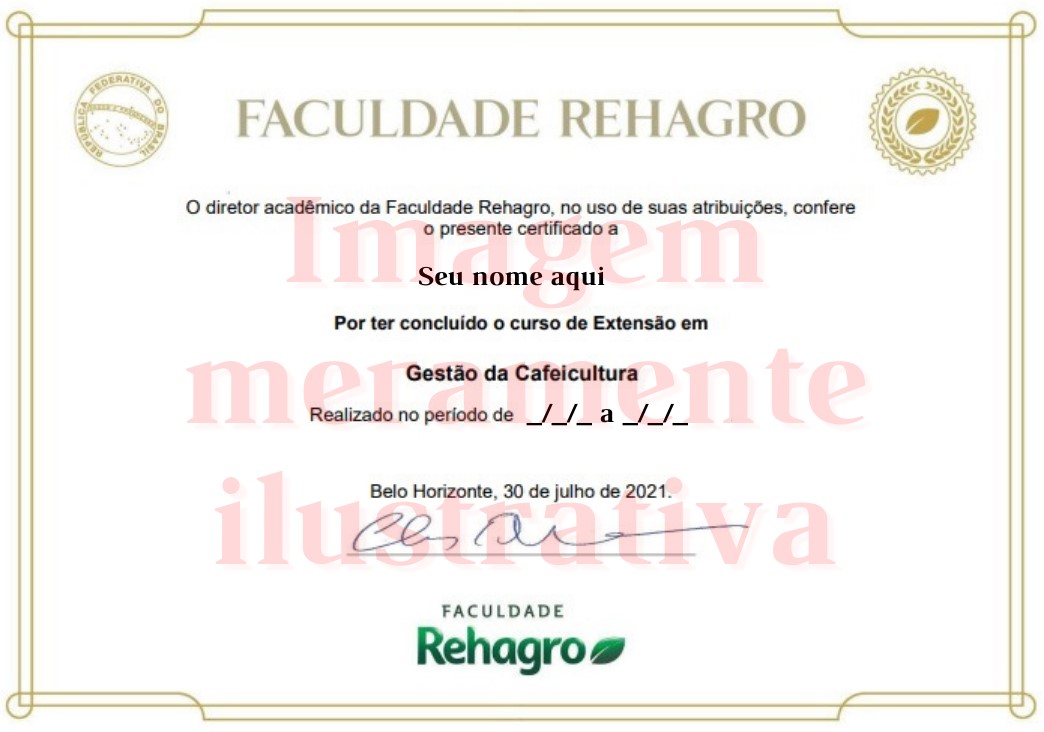 Certificado do curso Modelo de certificado do curso Gestão na Produção de Café do Rehagro.