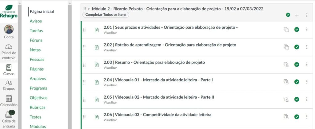 Imagem da plataforma de ensino do Rehagro